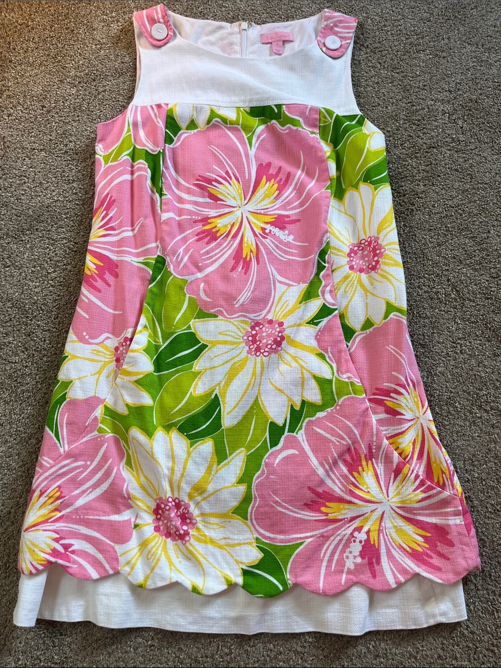 🌺🌺🌺Lilly Pulitzer Vibrant Hibiscus Jumper Scalloped Hem Bright Textured EUC